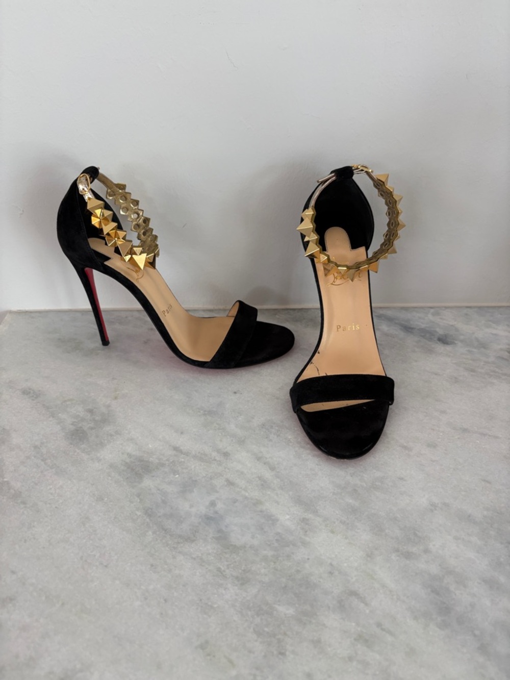 Christian Louboutin Black Suede Stiletto Sandals with Gold Pyramid Ankle Cuff